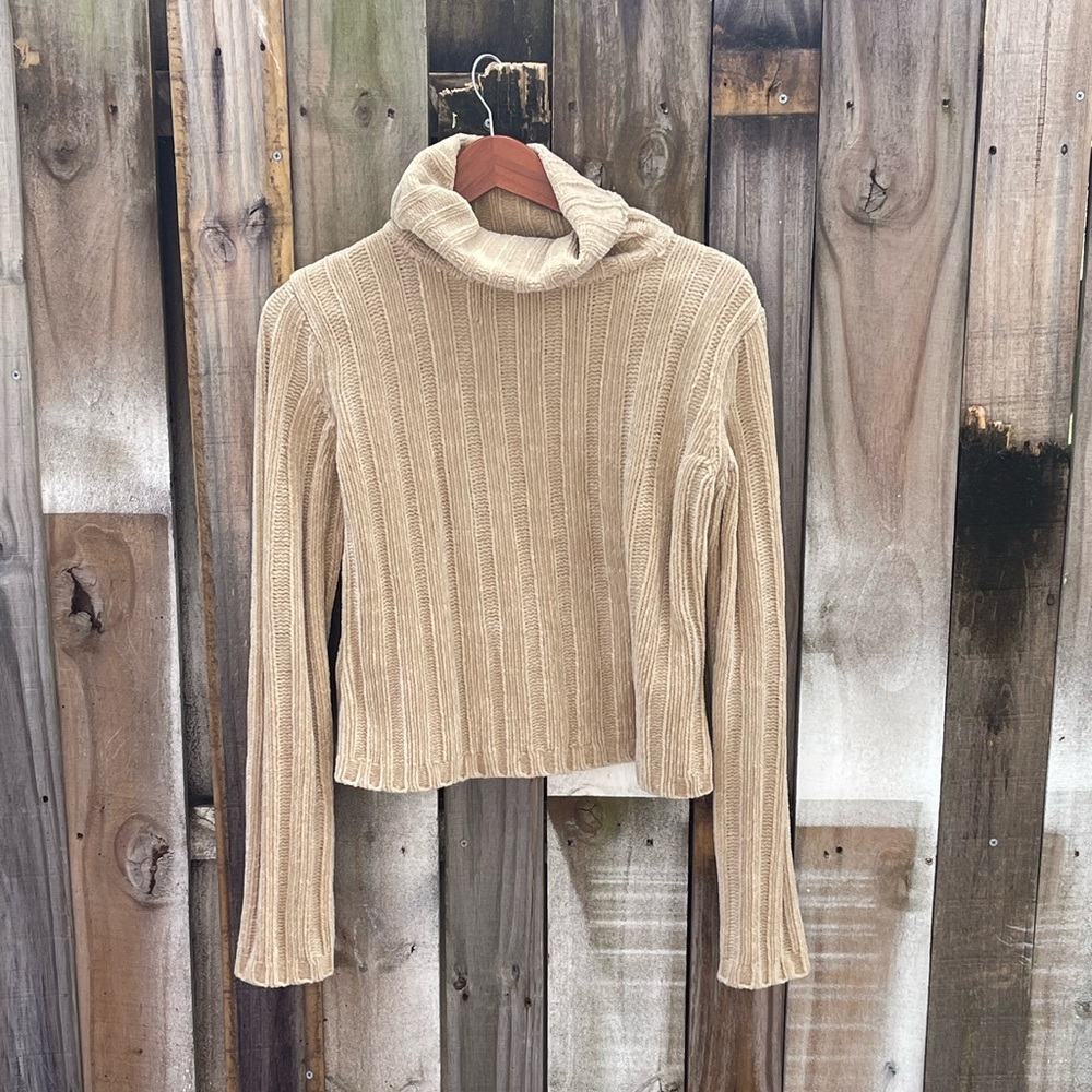 Natural, Light Brown, Beige, Tan Corduroy Turtleneck Sweater - Size Medium